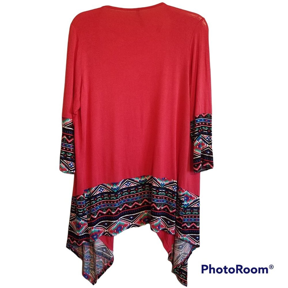 Aztec Western Print Red Open Cardigan Rayon Spandex Blend Medium Made‎ in USA